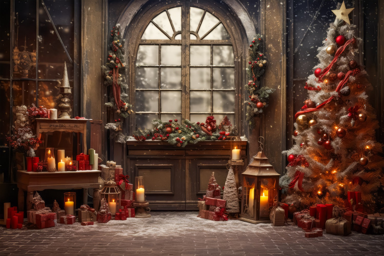 Weihnachtsfenster-Hintergrundkulisse Kranz-Baum-Dekor-Hintergrundkulisse BRP11-210