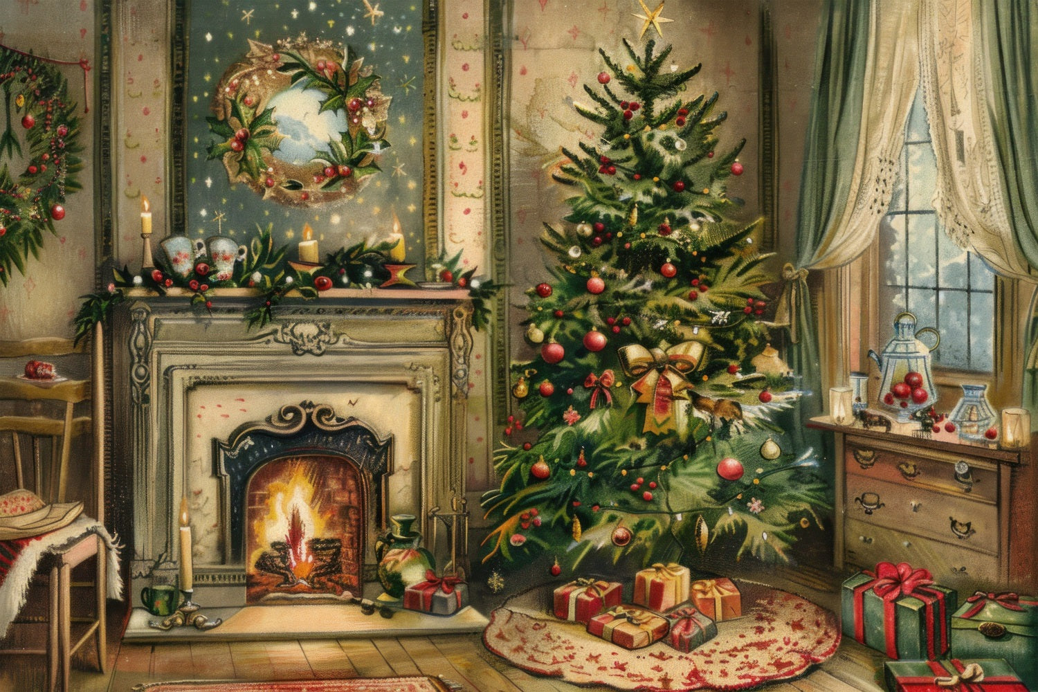 Kamin Backdrop Weihnachtsbaum Kranz Szene Backdrop BRP11-211