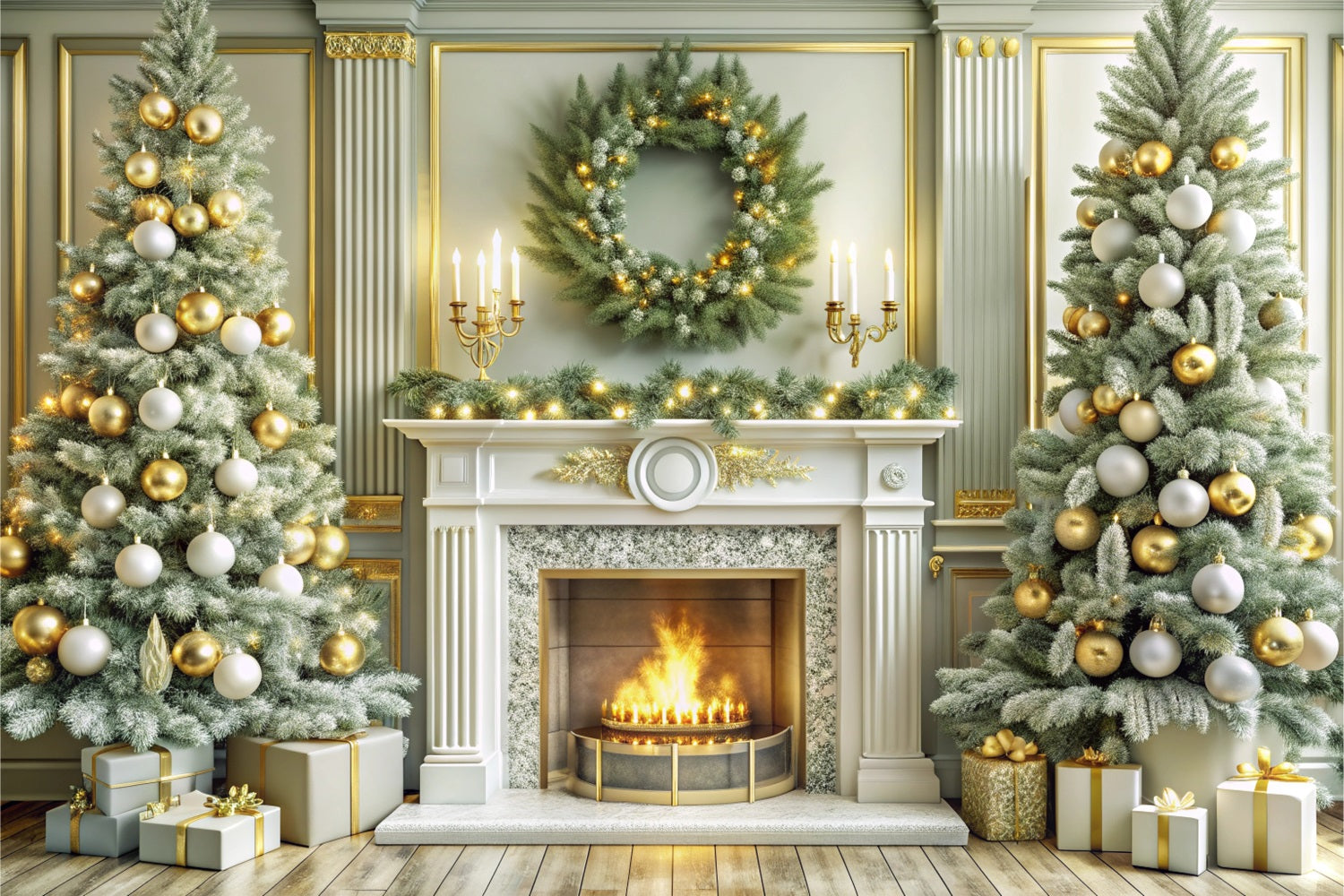 Weihnachten Kamin Backdrops Golden Festive Trees Backdrop BRP11-214