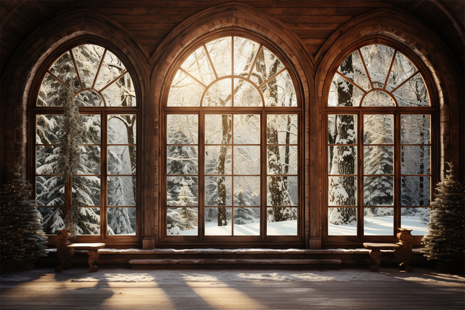 Winter Szenen sonnenbeschienenen hölzernen gewölbten Fenster Hintergrund BRP11-271