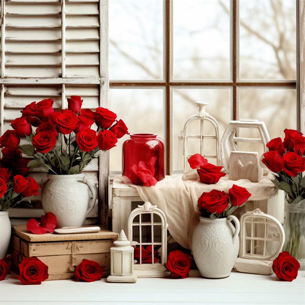 Backdrops für Valentine Bilder Romantische Rosen Fenster Hintergrund BRP11-290