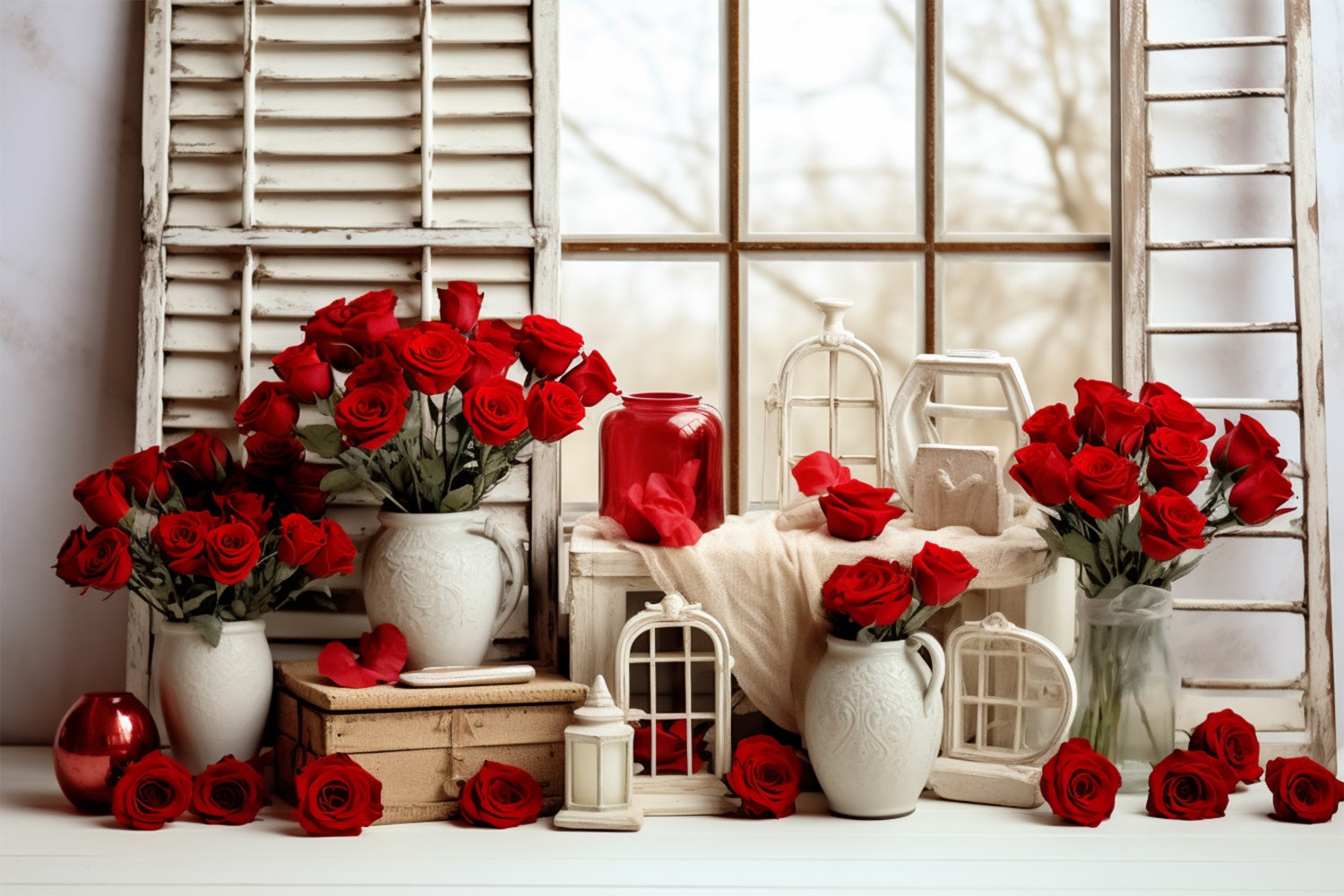 Backdrops für Valentine Bilder Romantische Rosen Fenster Hintergrund BRP11-290