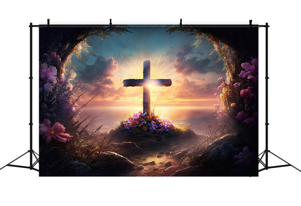 Fotografie Ostern Hintergrund Kreuz Floral Cliffside Sonnenuntergang Hintergrund BRP11-318