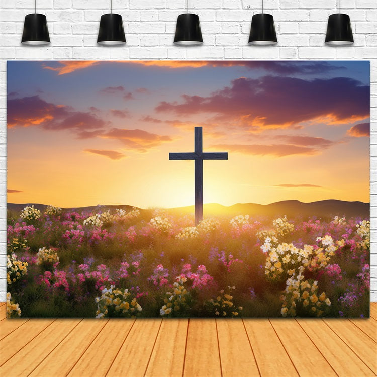 Ostern Fotohintergrund Lebendige Blühende Wiese Kreuz Hintergrund BRP11-321