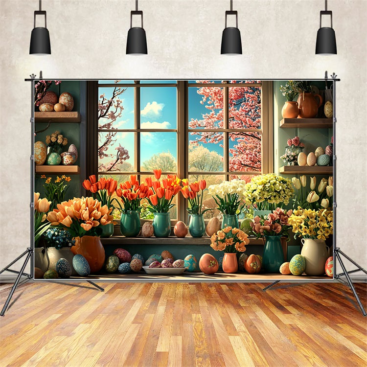 Ostern Blume Hintergrund Ei Fenster Dekor Hintergrund BRP11-348