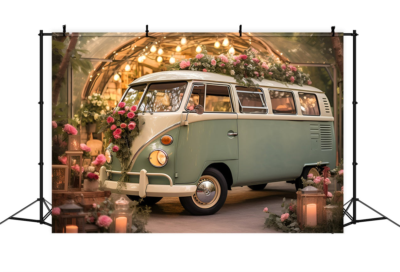 Fotoshooting Valentinstag Backdrop Grüner Bus Floral Hochzeit Backdrop BRP11-405