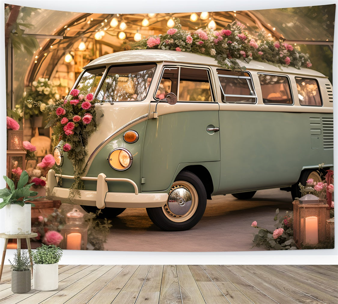 Fotoshooting Valentinstag Backdrop Grüner Bus Floral Hochzeit Backdrop BRP11-405