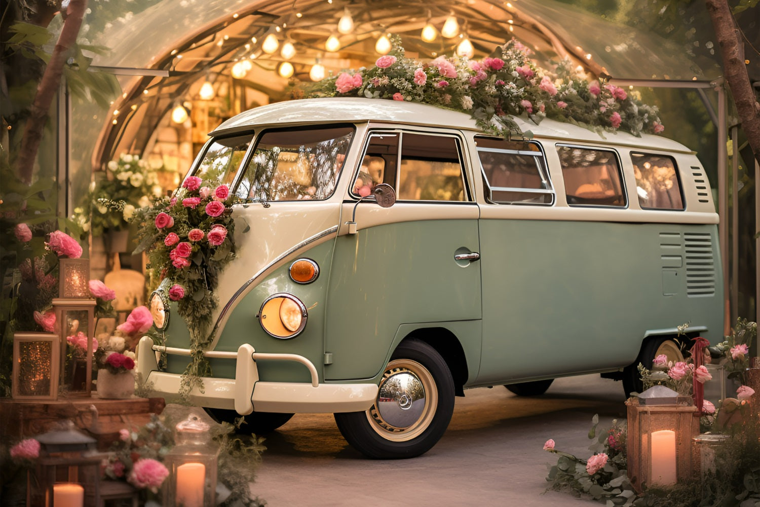 Fotoshooting Valentinstag Backdrop Grüner Bus Floral Hochzeit Backdrop BRP11-405