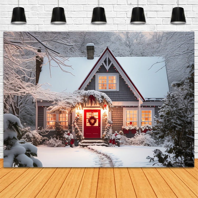 Winter Cottage Verschneite Landschaft Warme Lichter Hintergrund BRP11-42