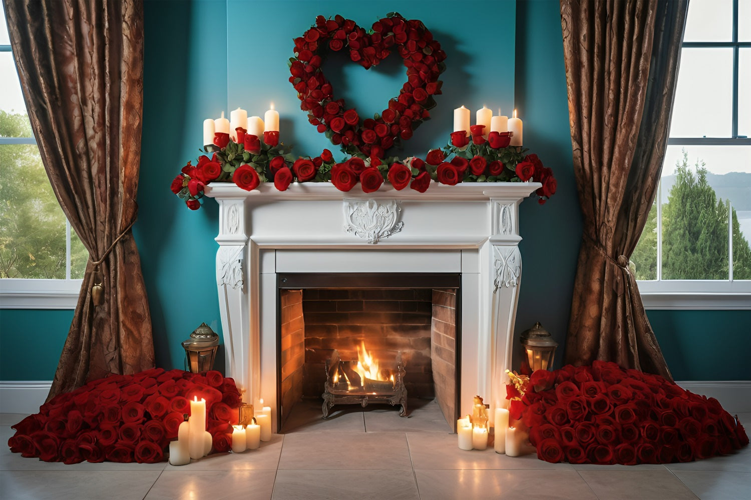 Valentinstag Backdrop Ideen Kamin Rosen Kerzen Backdrop BRP11-421