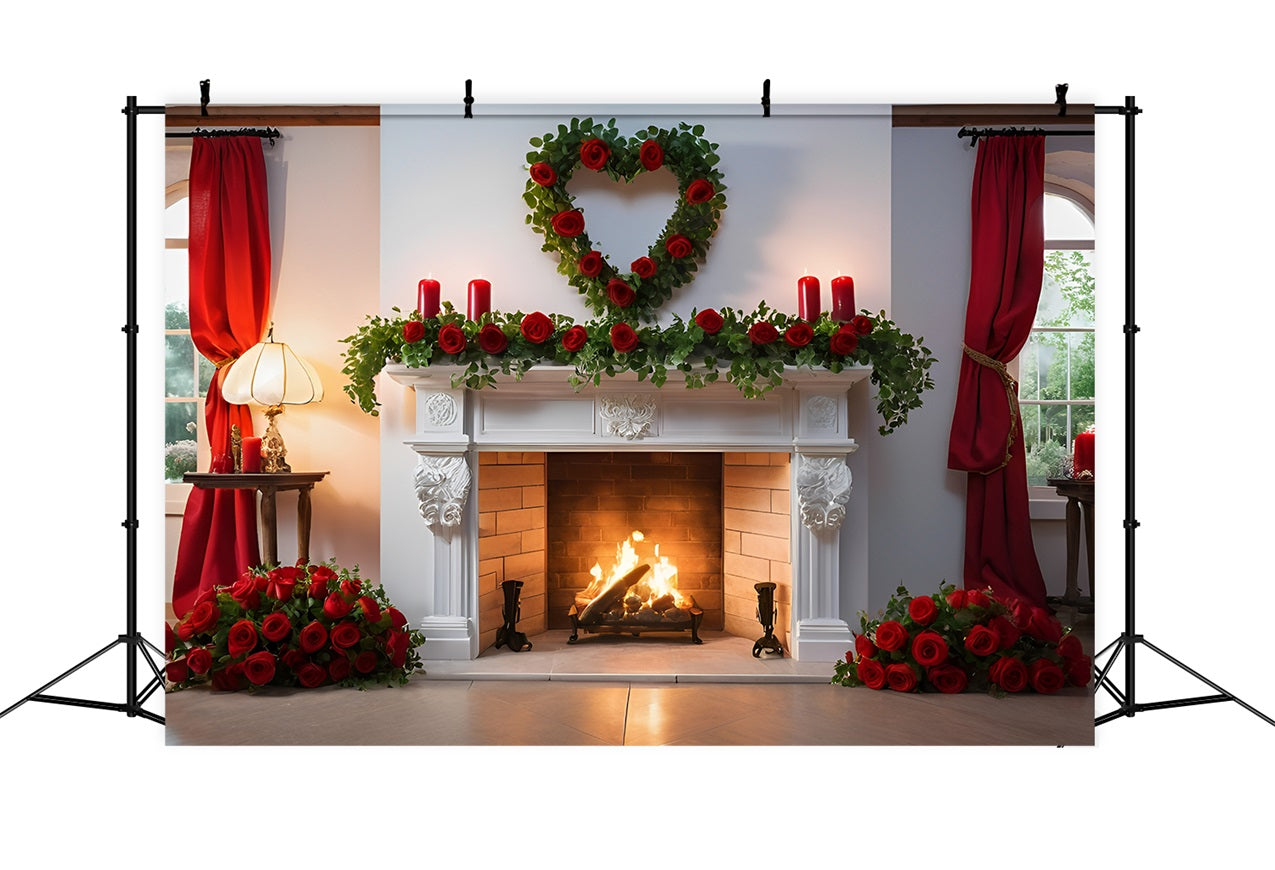 Valentinstag Backdrop Ideen Weißer Kamin Rosen Dekor Backdrop BRP11-422