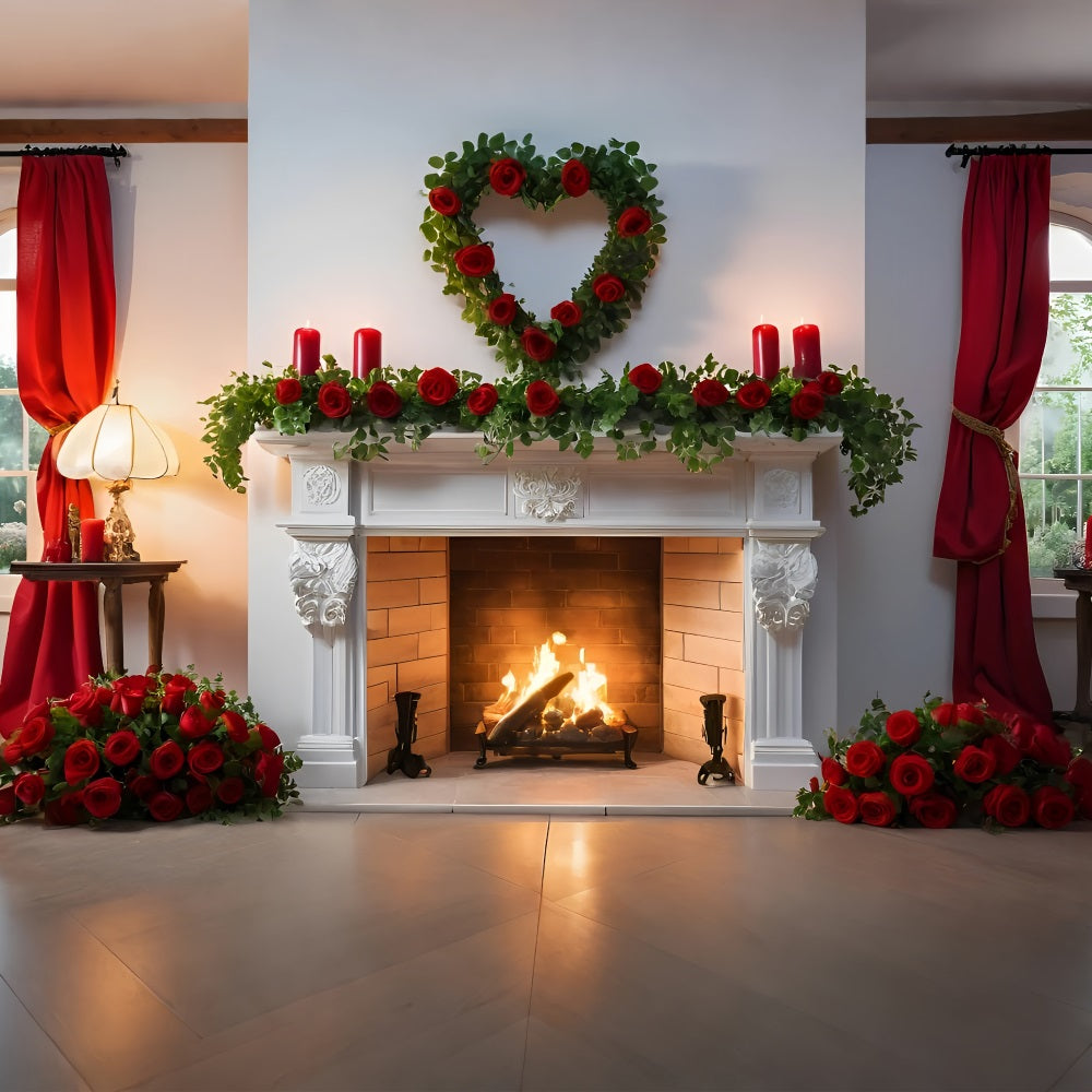 Valentinstag Backdrop Ideen Weißer Kamin Rosen Dekor Backdrop BRP11-422