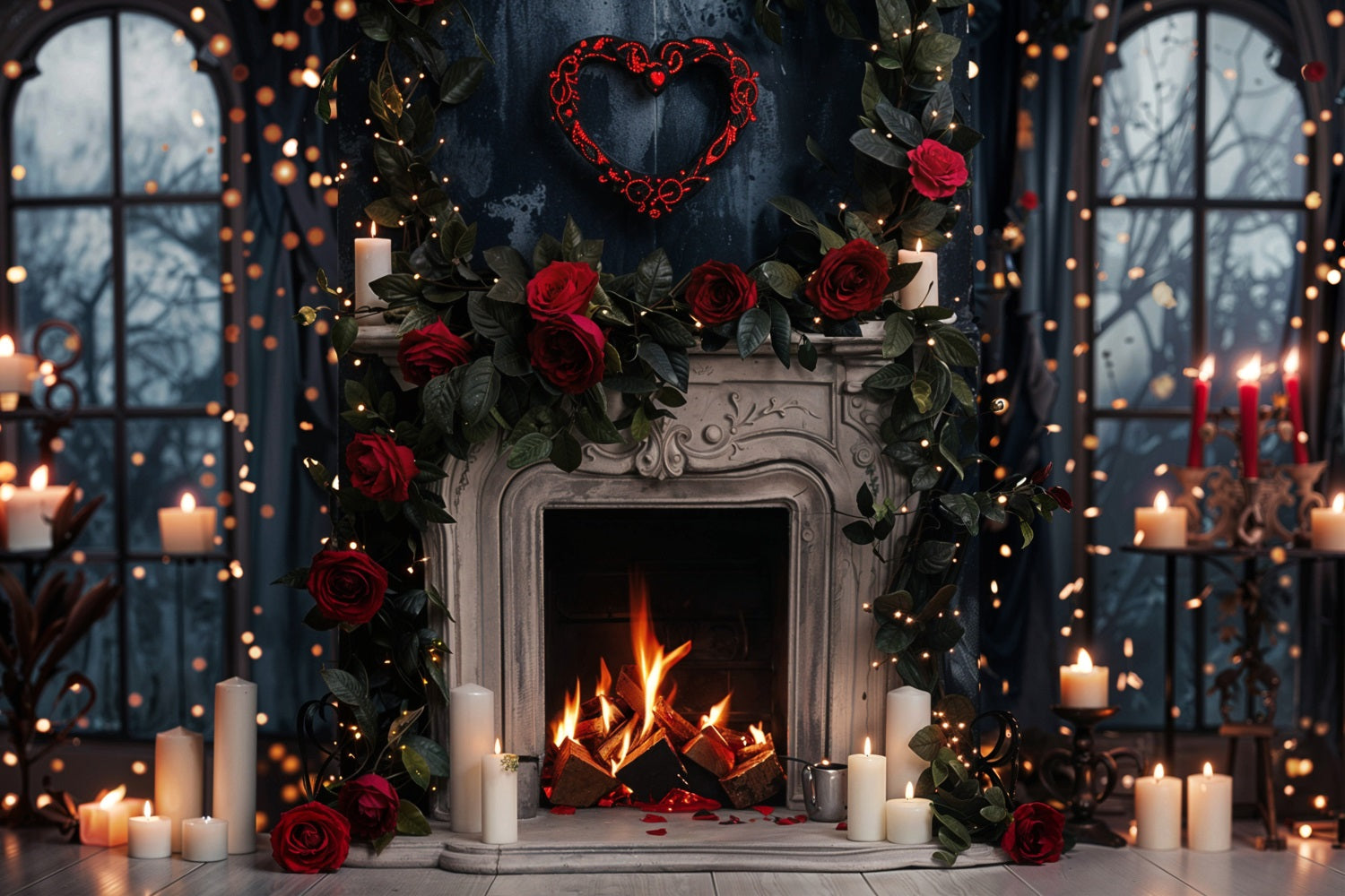 Valentinstag Fotografie Backdrops Gothic Rosen Lichter Kamin Backdrop BRP11-423