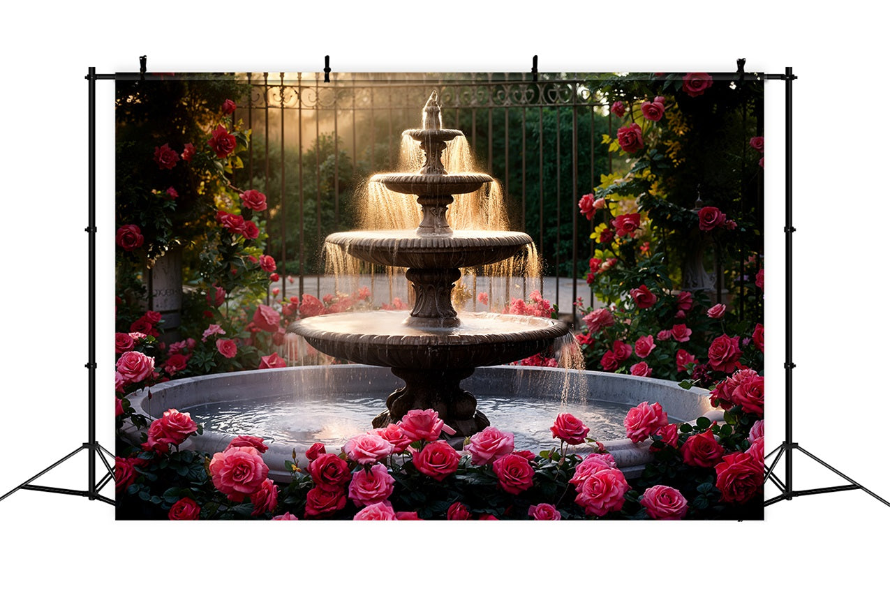 Valentinstag Fotografie Backdrops Dreistöckiger Brunnen Rosa Rosen Backdrop BRP11-426