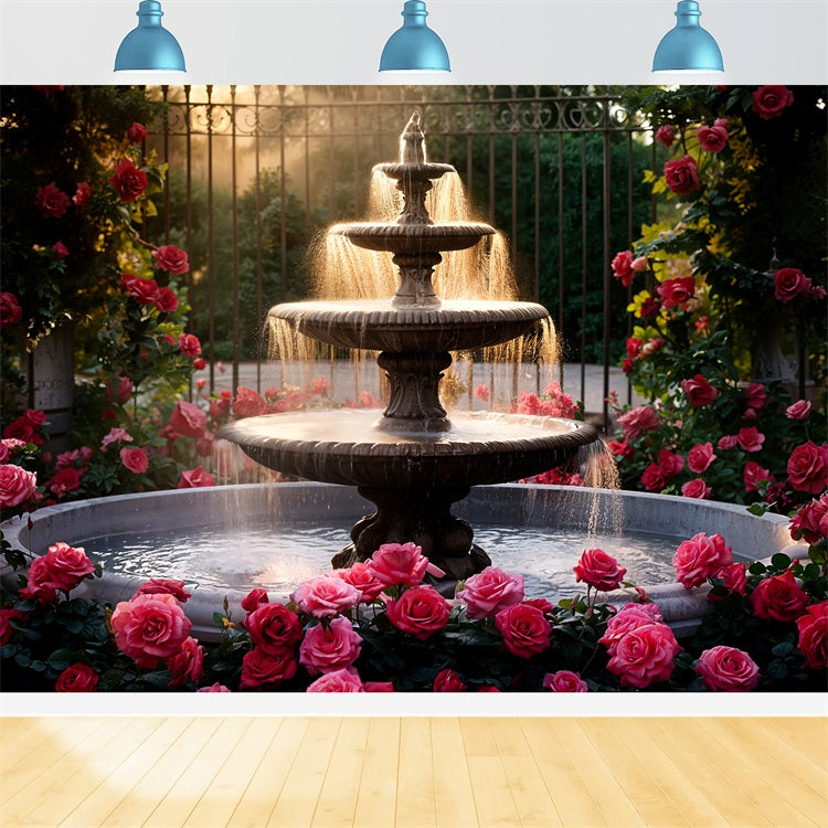 Valentinstag Fotografie Backdrops Dreistöckiger Brunnen Rosa Rosen Backdrop BRP11-426