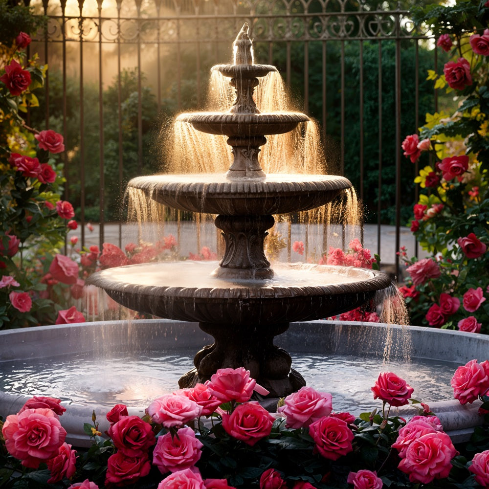 Valentinstag Fotografie Backdrops Dreistöckiger Brunnen Rosa Rosen Backdrop BRP11-426