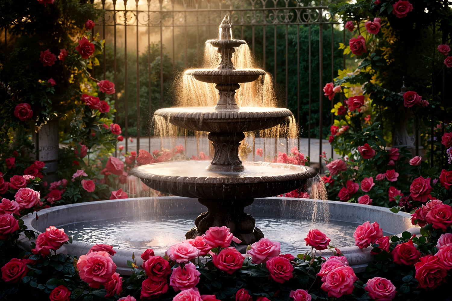 Valentinstag Fotografie Backdrops Dreistöckiger Brunnen Rosa Rosen Backdrop BRP11-426