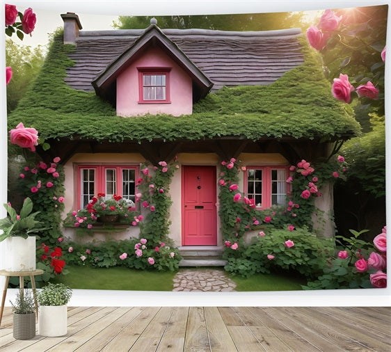 Valentinstag Fotokulissen Rosa Landhaus Umgeben von Rosen Hintergrund BRP11-433