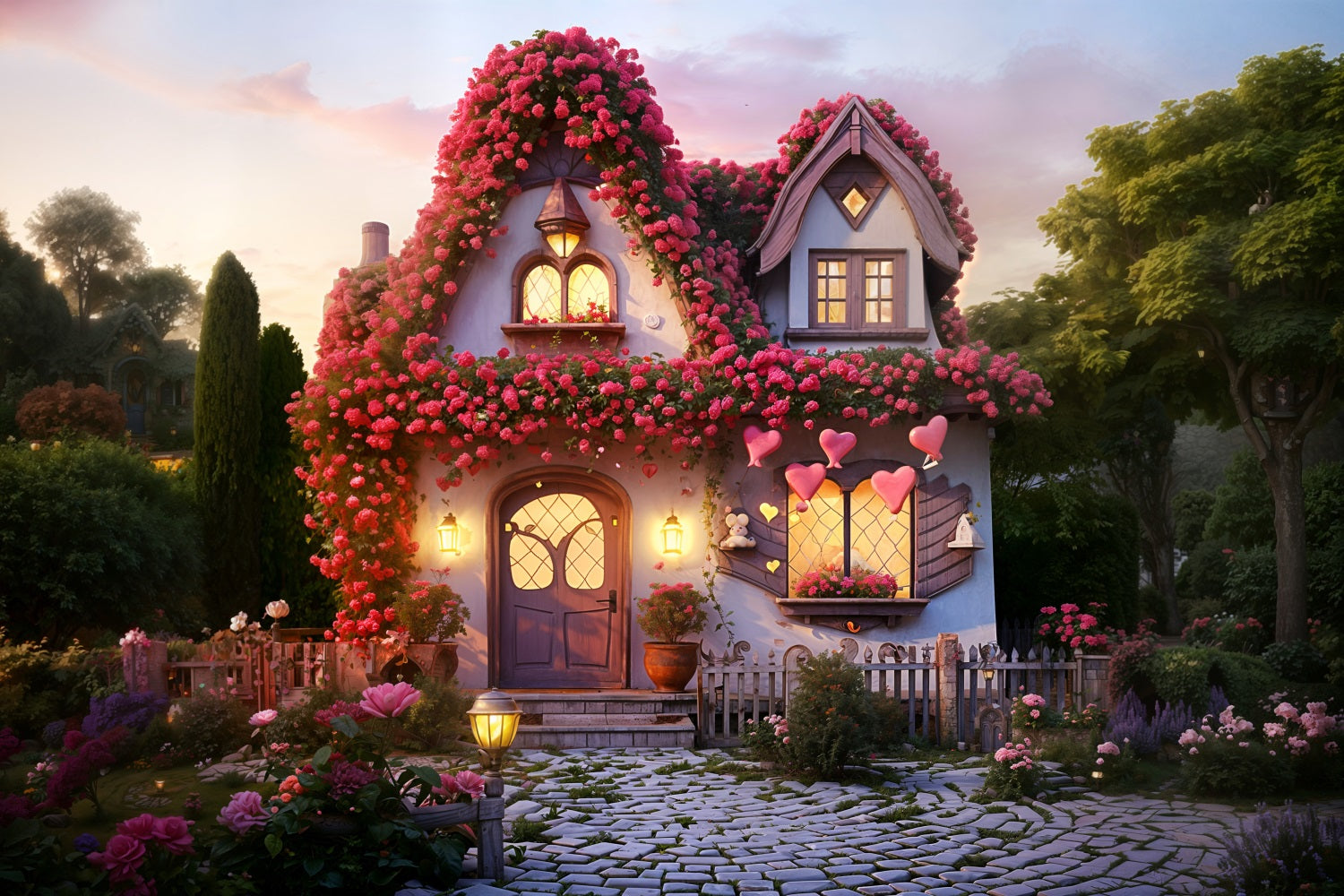 Valentinstag Fotokulissen Floral Cottage Charming Lichter Hintergrund BRP11-434