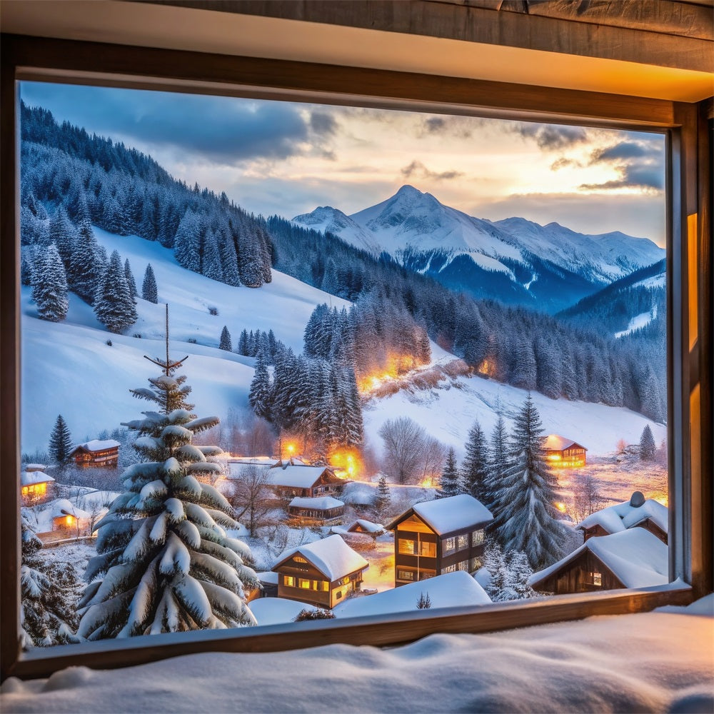 Winter Schnee Hintergrund Bergdorf durch Fenster Hintergrund BRP11-496