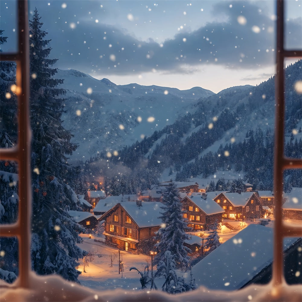 Winter Hintergrund Fotografie Glitzerndes Dorf durch Fenster Hintergrund BRP11-498