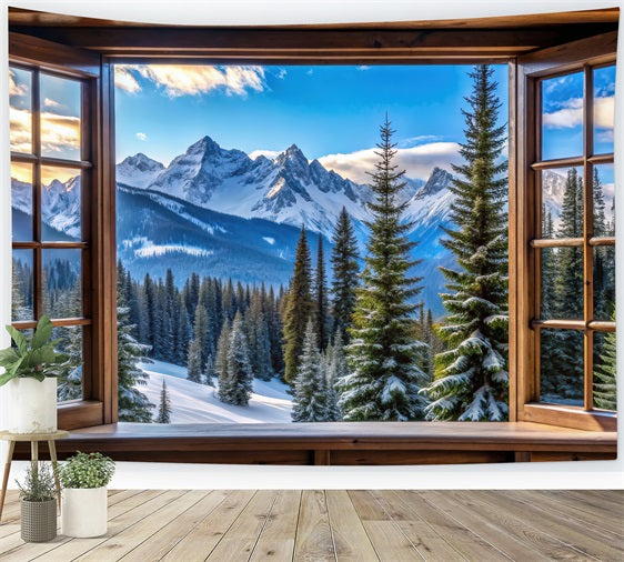 Winter Hintergrund Majestätisch Verschneite Berggipfel Fenster Hintergrund BRP11-499