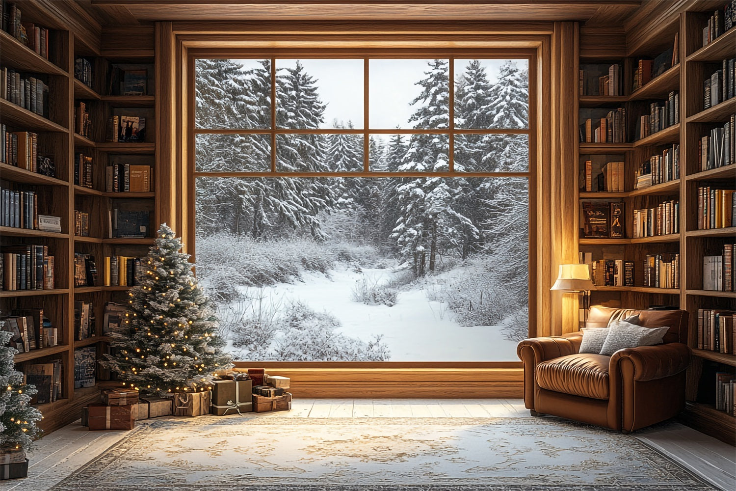 Fotohintergrund Winterbibliothek Fenster verschneiter Wald Hintergrund BRP11-502