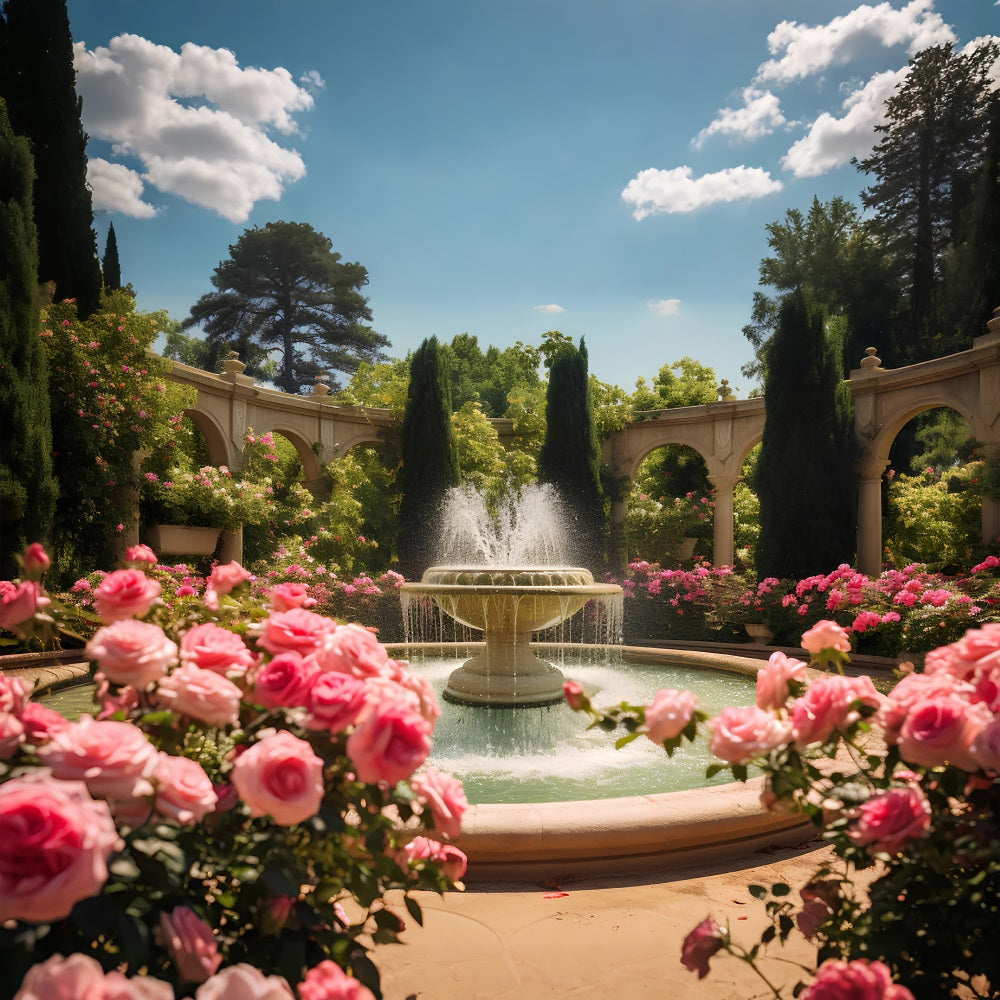 Frühling Fotohintergrund Blühende Rosen Springbrunnen Hintergrund BRP11-528