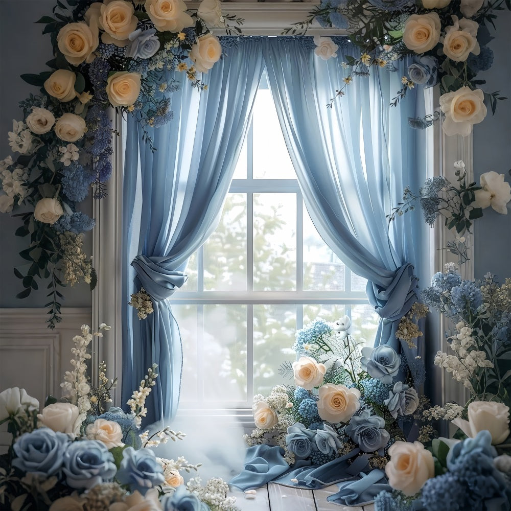 Backdrops für Frühling Blauer Vorhang Fenster Rose Backdrop BRP11-531