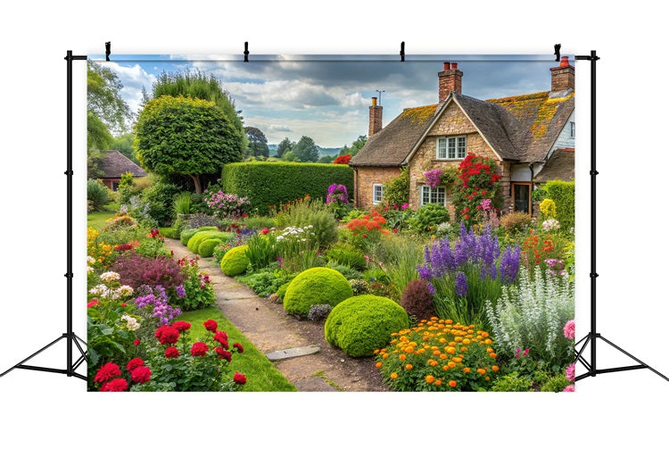 Frühlingsblumen Backdrop Cottage Surrounded Blooming Garden Backdrop BRP11-543