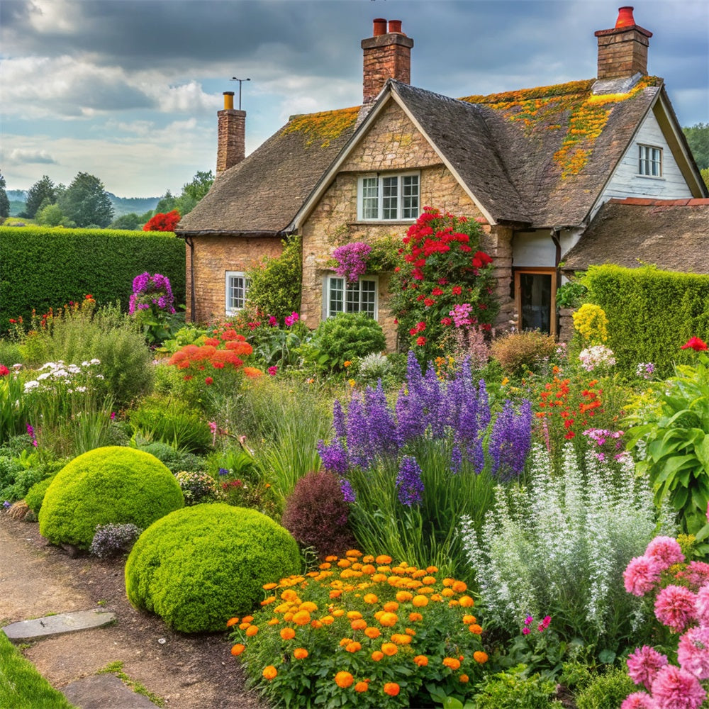 Frühlingsblumen Backdrop Cottage Surrounded Blooming Garden Backdrop BRP11-543