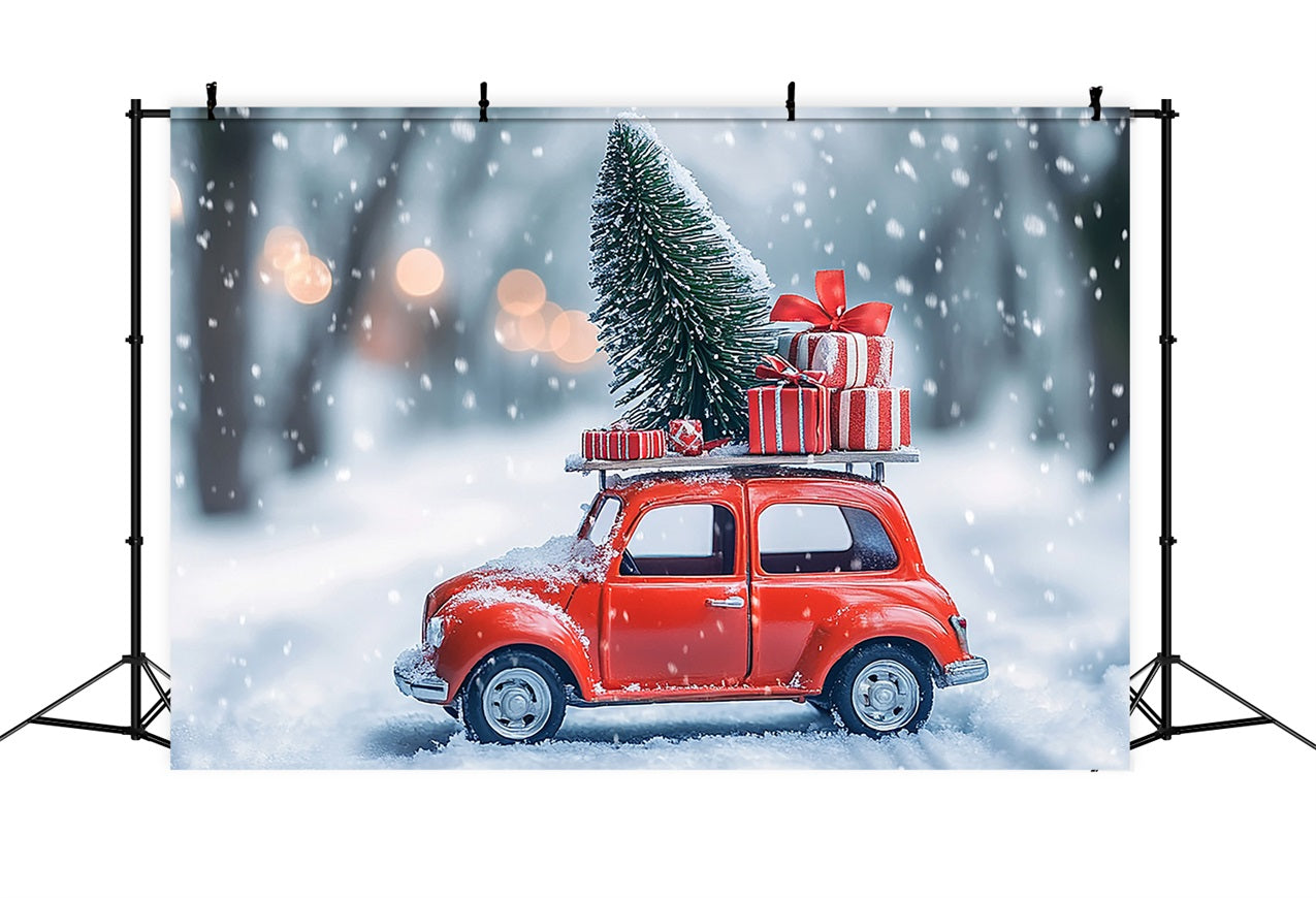 Winter Wonderland Geschenkbeladenes rotes Auto Hintergrund BRP11-56