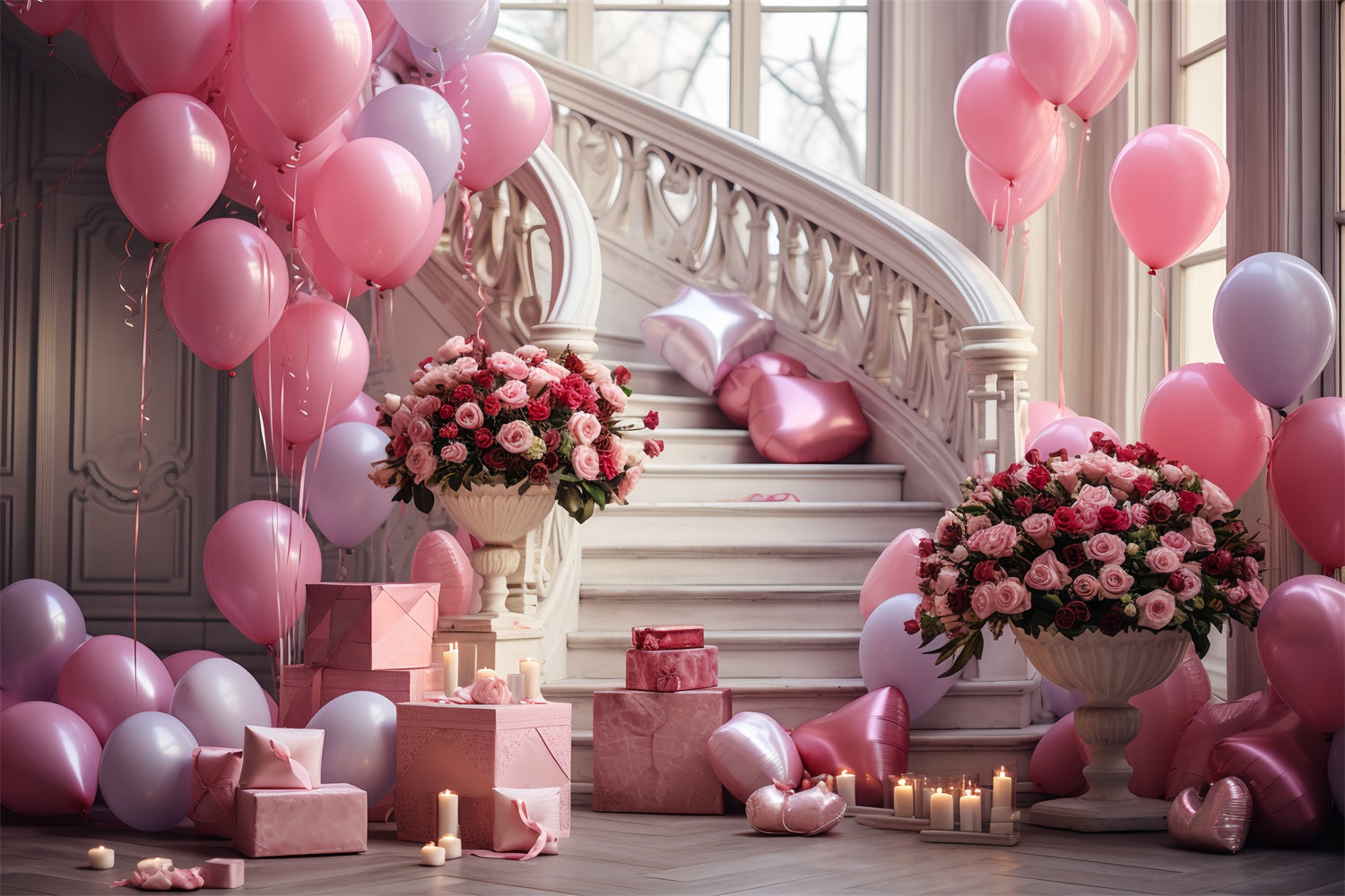 Valentinstag Fotografie Backdrop Rosen Treppe Ballon Feier Hintergrund BRP12-196