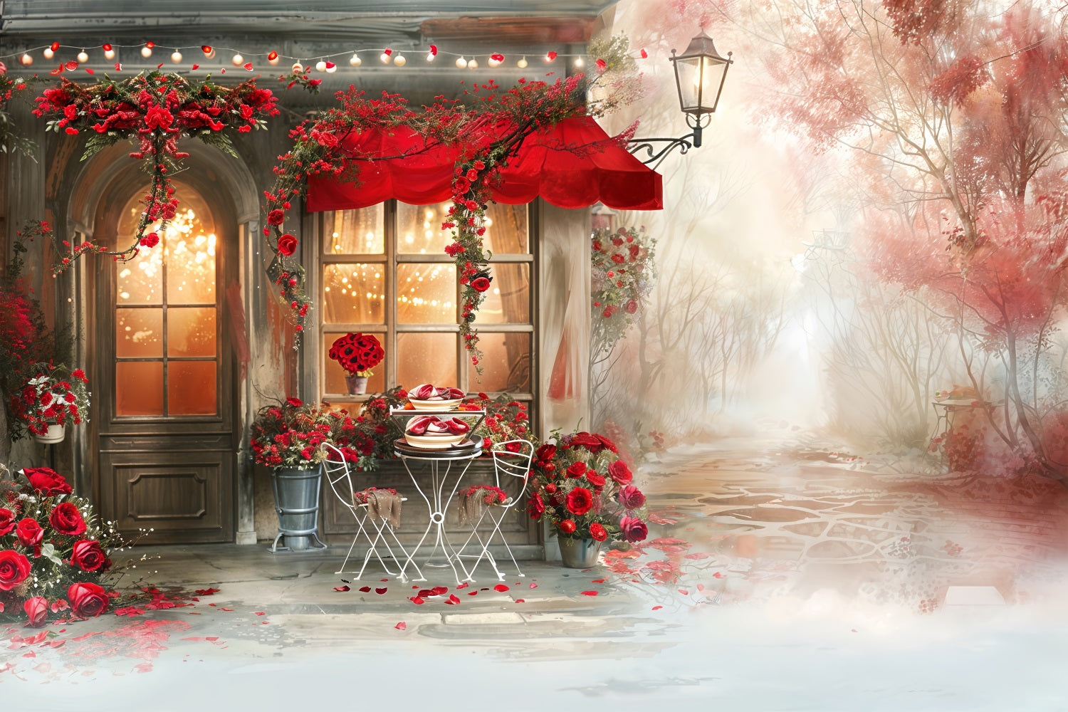 Valentine Theme Backdrop Romantische Cafe-Szene Rote Rose Backdrop BRP12-235