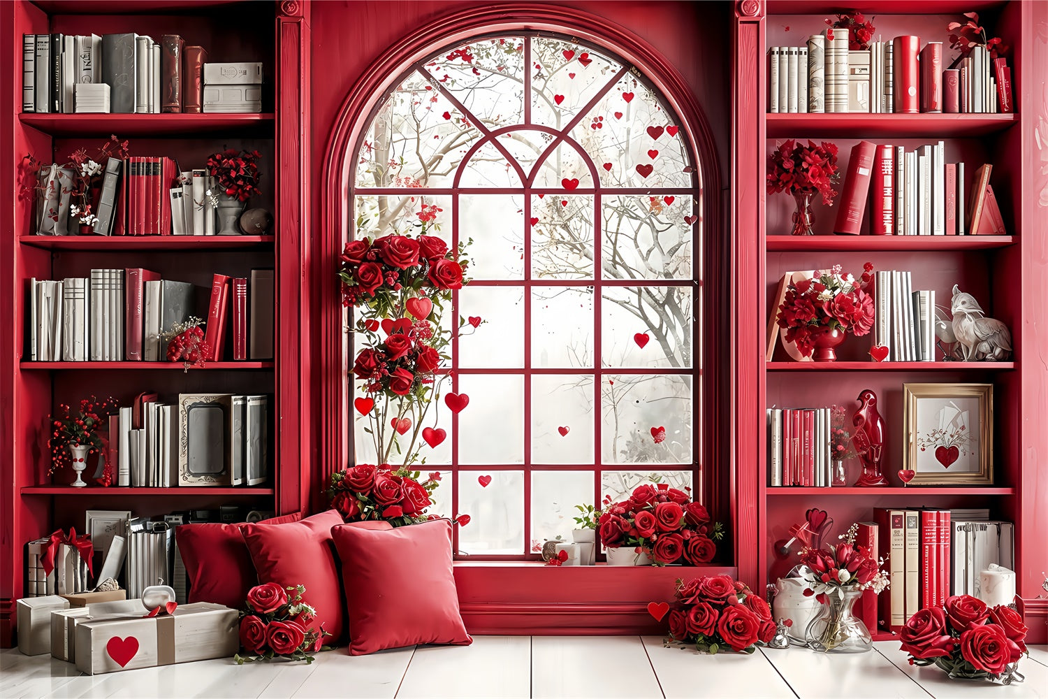 Valentinstag Fotokulisse Rot Thematische Bibliothek Fenster Rosen Hintergrund BRP12-242
