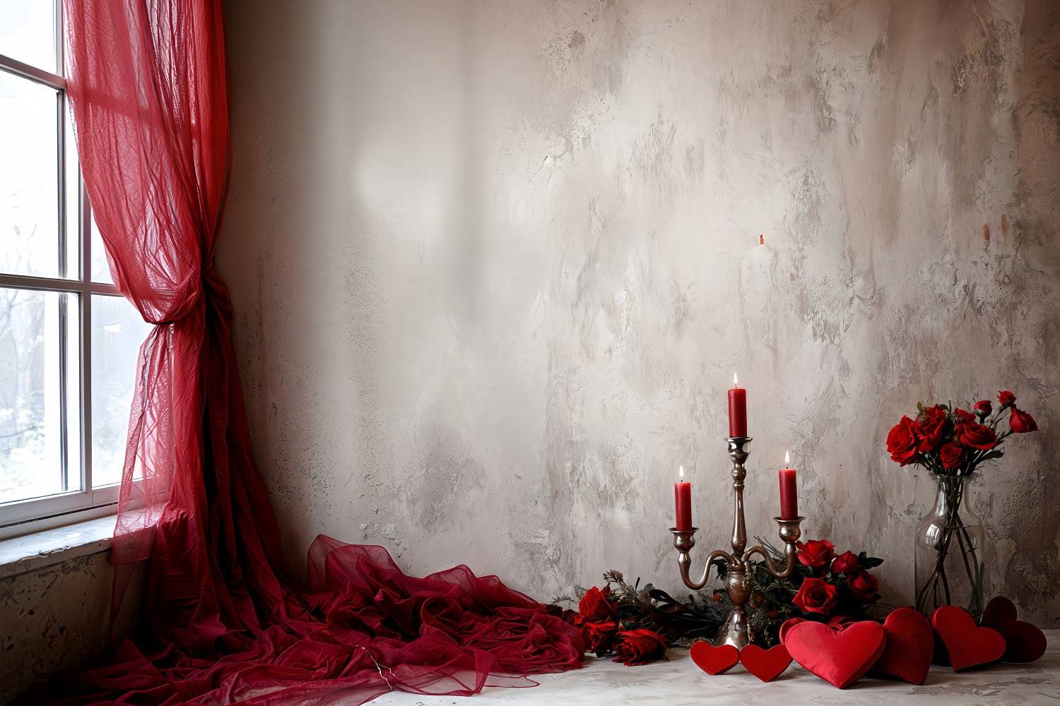 Valentine's Backdrops Rote Vorhänge Rosen Kerzenlicht Backdrop BRP12-253