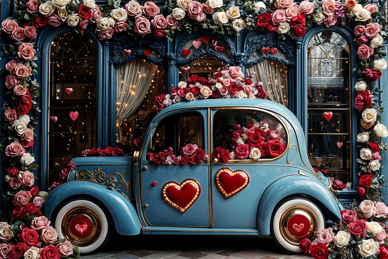 Valentinstag Backdrop Liebe-Thema Blaues Auto Floral Backdrop BRP12-259