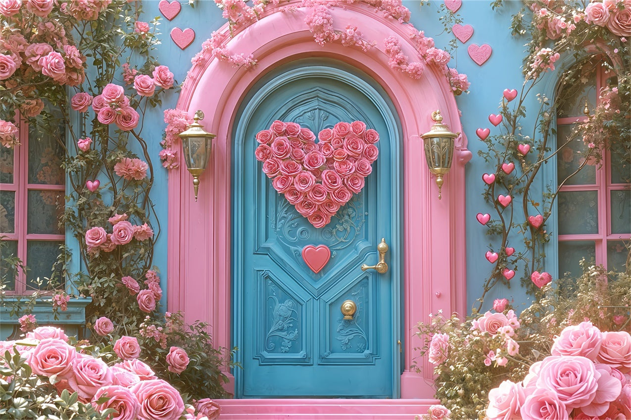 Valentinstag Backdrops Rosa Rose Herz Blaue Tür Backdrop BRP12-261