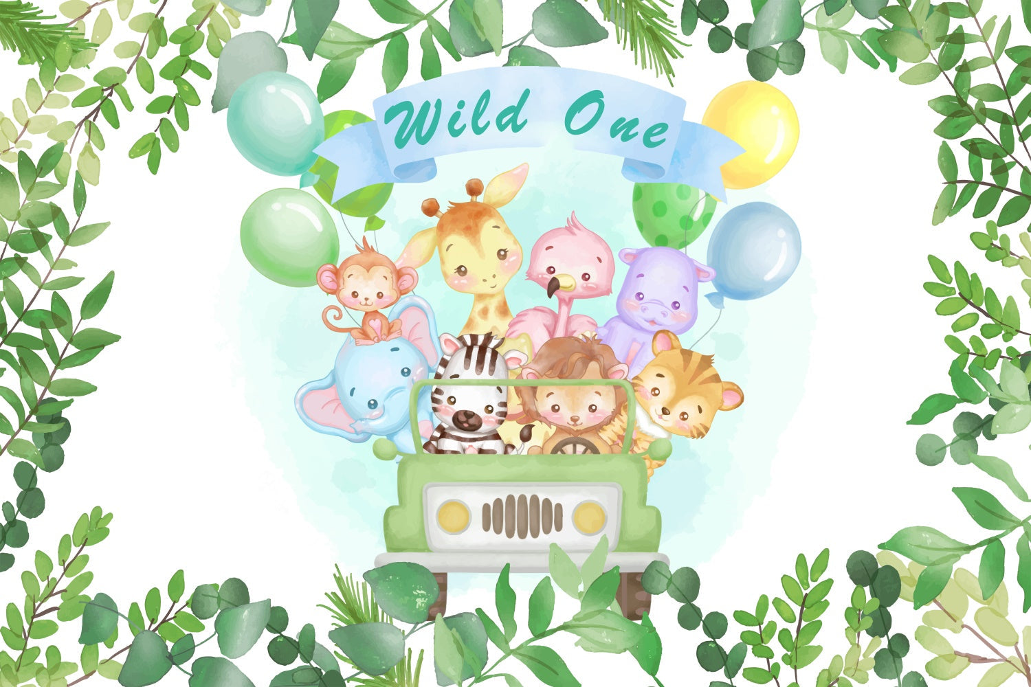 Benutzerdefinierte Geburtstag Backdrop Wild One Safari Tiere Ballon Backdrop BRP12-302