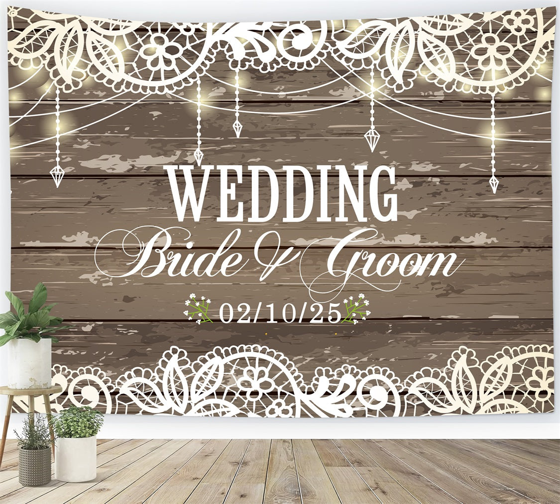 Custom Backdrop für Hochzeit Elegante Spitze Holz Rustic Hintergrund BRP12-344