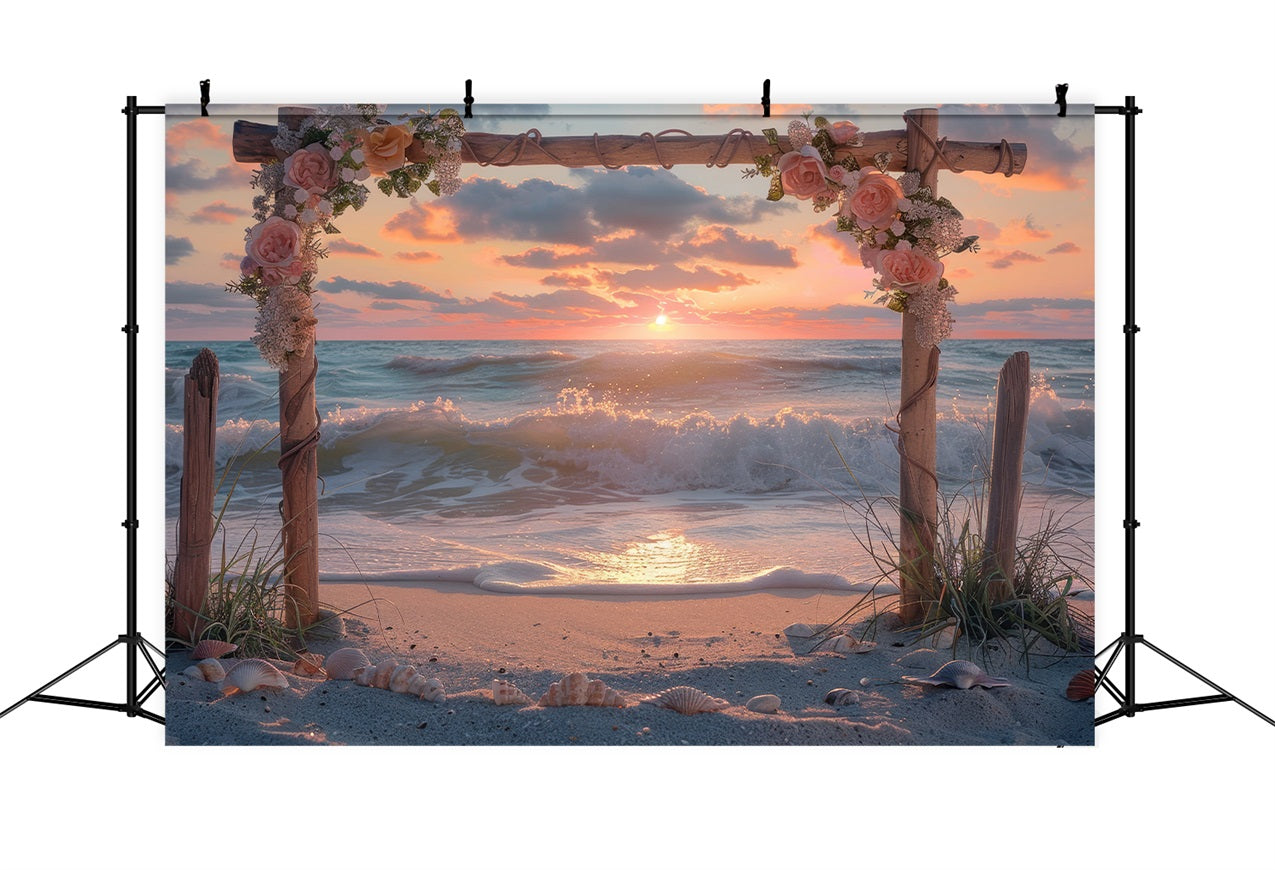 Hochzeitskulisse Fotografie Sonnenuntergang Strand Blumenbogen Kulisse BRP12-381