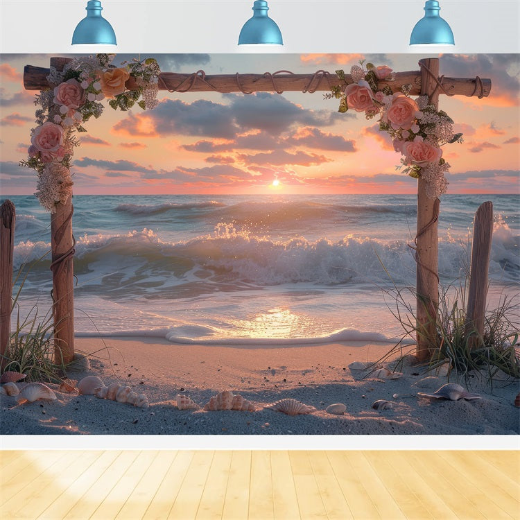 Hochzeitskulisse Fotografie Sonnenuntergang Strand Blumenbogen Kulisse BRP12-381