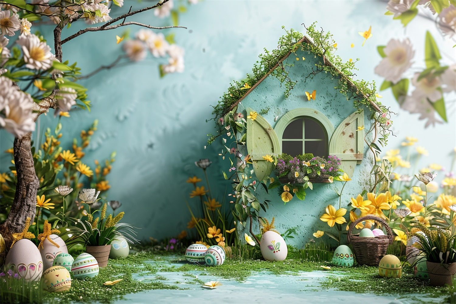 Ostern Fotohintergrund Garten Cottage Gelbe Blüten Hintergrund BRP12-399