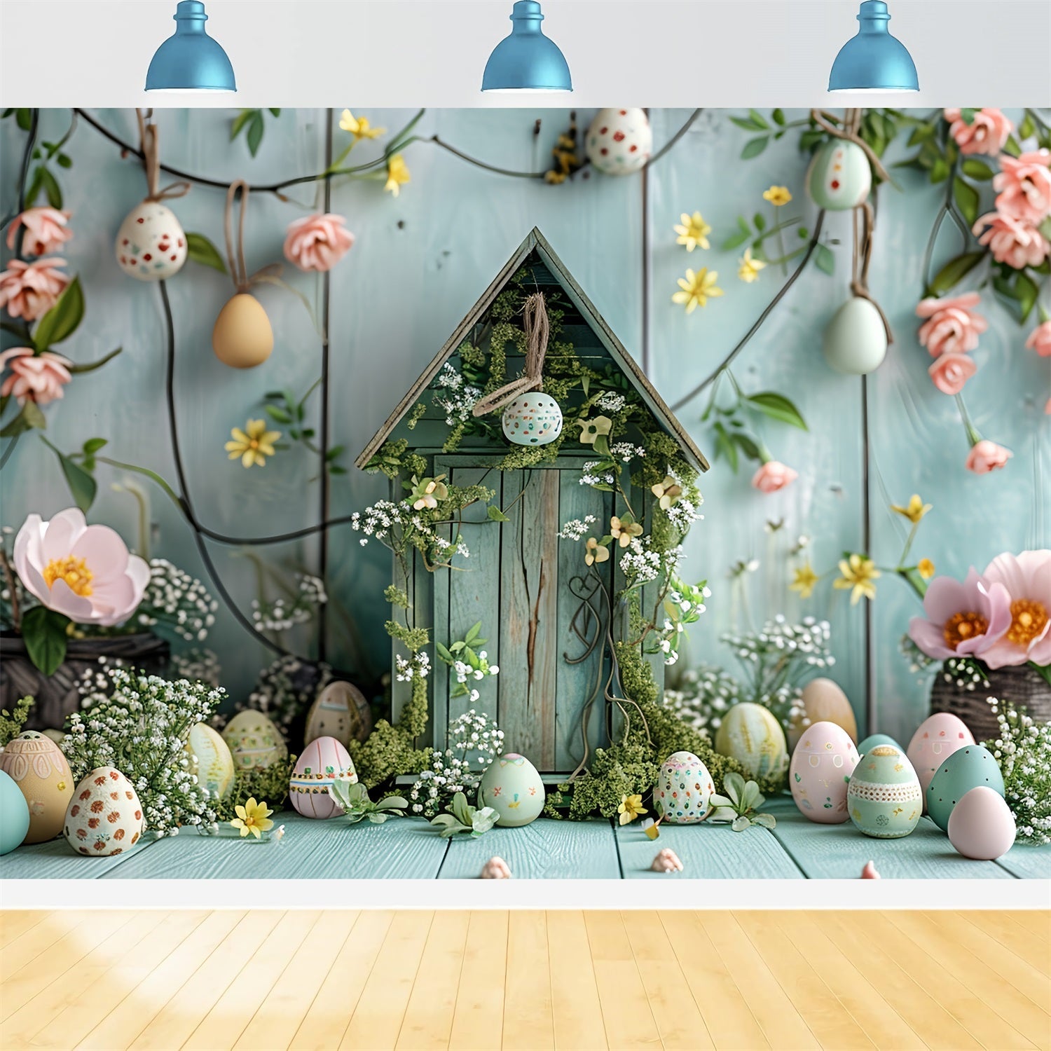 Ostern Fotokulisse Landhaus Pastell Eier und Blumen Kulisse BRP12-412