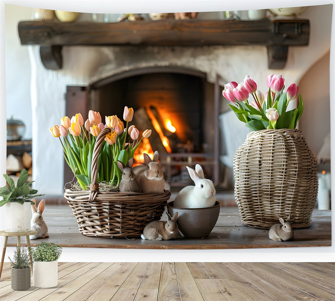 Fotografie Ostern Hintergrund Helle Tulpen Gemütliche Kamin Ostern Hintergrund BRP12-417