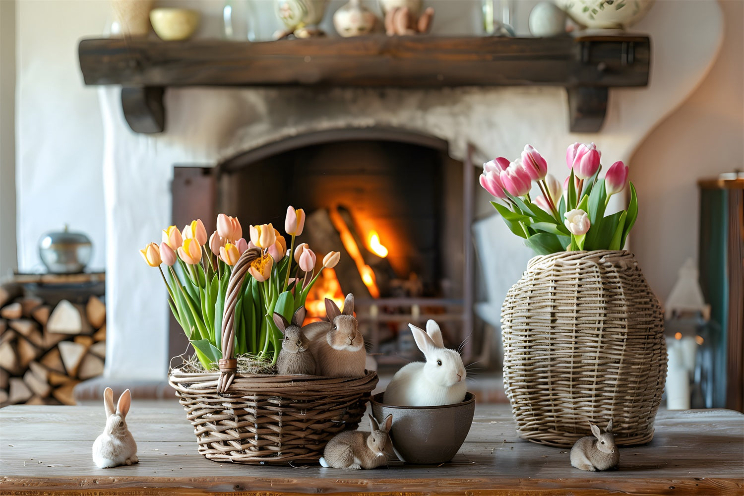 Fotografie Ostern Hintergrund Helle Tulpen Gemütliche Kamin Ostern Hintergrund BRP12-417