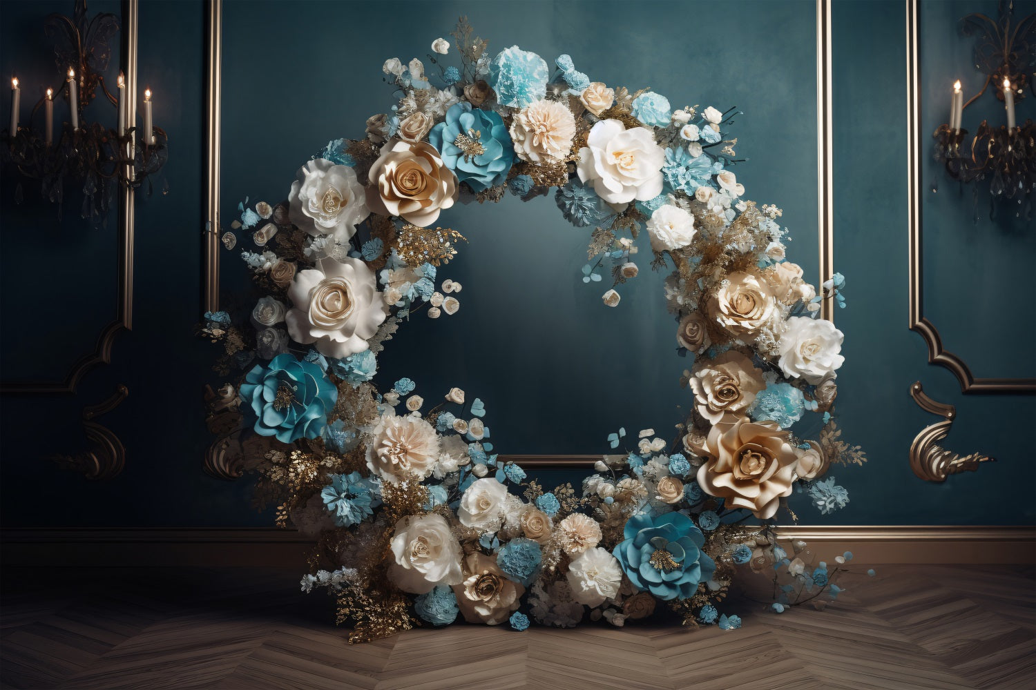 Maternity Backdrop Blau Gold Weiß Floral Wreath Backdrop BRP12-43