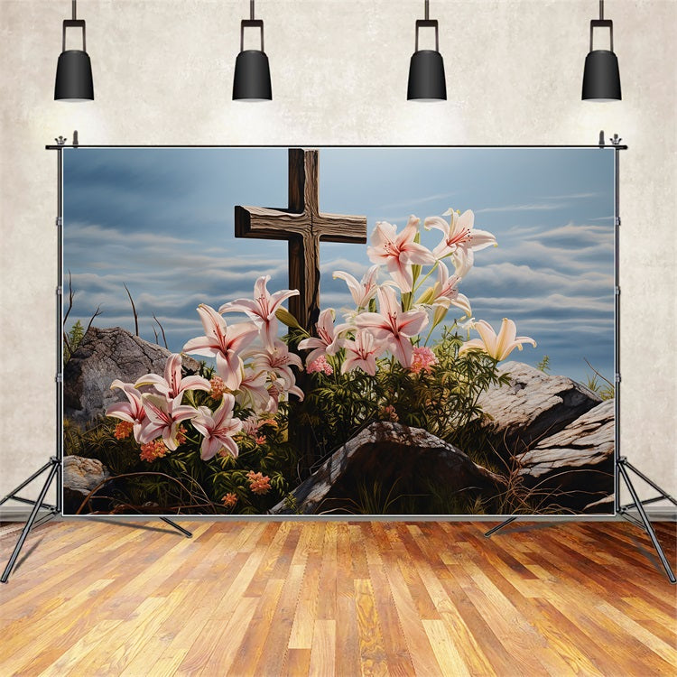 Ostern Fotohintergrund Lilien Holzkreuz Fotohintergrund BRP12-433