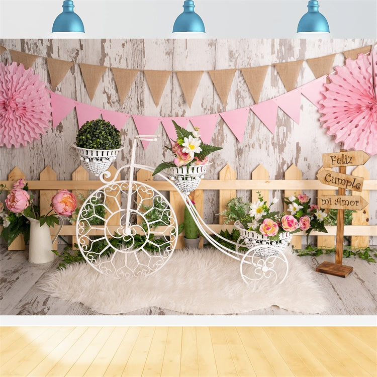 Frühling Hintergrundbilder Floral Fahrrad Zaun Party Backdrop BRP12-506