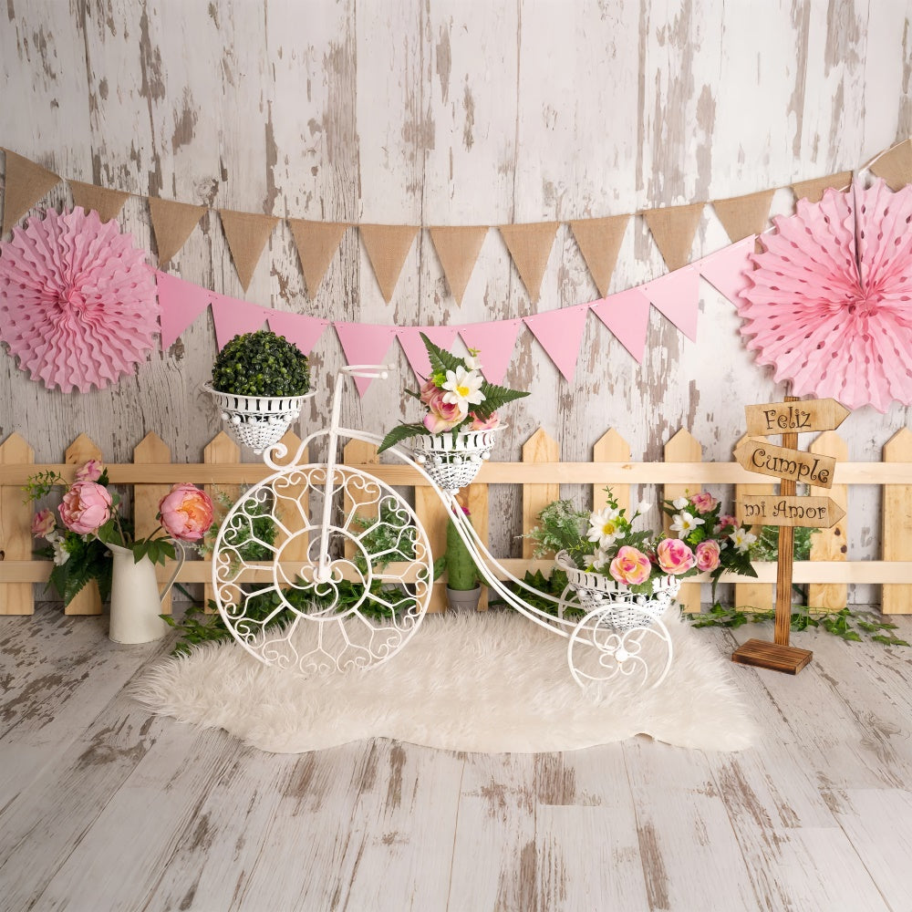 Frühling Hintergrundbilder Floral Fahrrad Zaun Party Backdrop BRP12-506